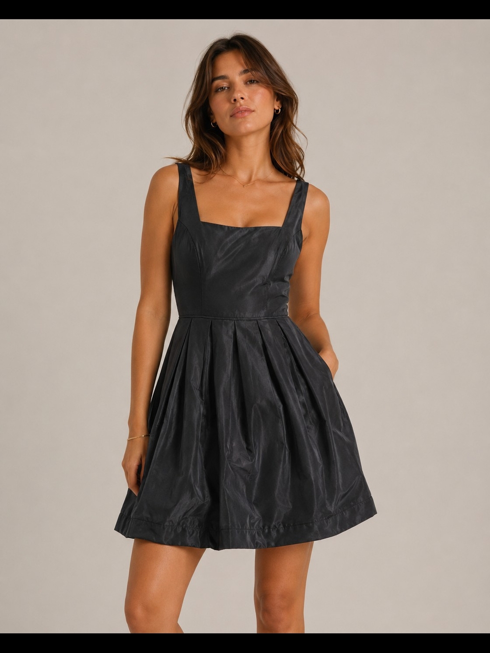 BB Dakota Black Taffeta Square Neck Pleated Skater Mini Black Size 6